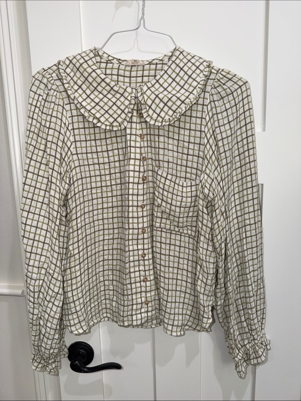 Pilcro Olive & White Checked Peter Pan Collar Button-Down